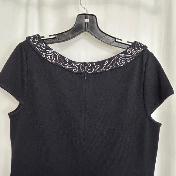 St. John Evening Black Knit Cocktail Dress White Rhinestone Sequin Women Size 10 - Picture 7 of 11